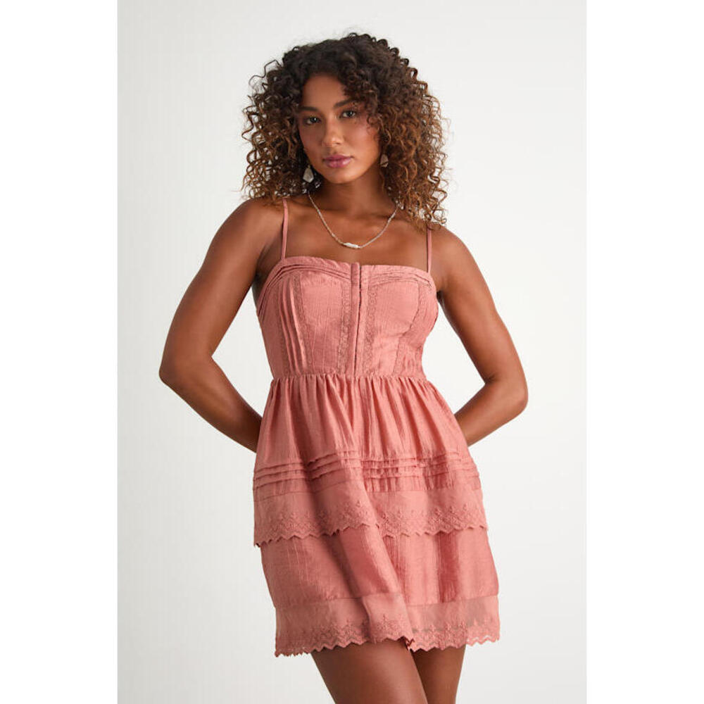 Lulus Abby Dusty Pink Lace Tiered Mini Dress - Size S